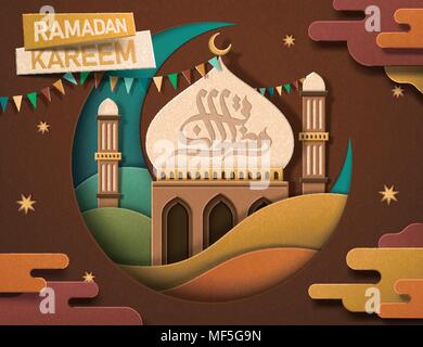 Ramadan Kareem conception calligraphie dans le ton des couleurs de la terre, belle mosquée et du croissant-rouge de style art papier Illustration de Vecteur