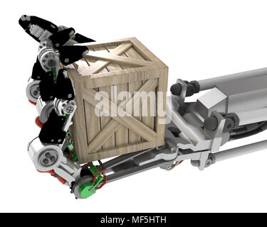 Main robotique, holding crate 3d illustration, sur fond blanc Banque D'Images