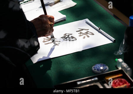 Personne méconnaissable, calligraphie japonaise écrit caractères kanji (traduction anglaise : réservés) avec brosse d'encre sur papier Banque D'Images