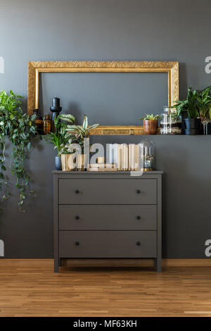 Maquette de gold frame en gris salon intérieur avec des plantes et des livres sur le cabinet Banque D'Images
