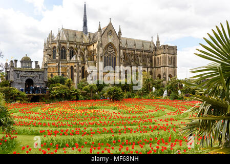 Tulip Festival : le labyrinthe des tulipes en face de la cathédrale de Arundel Arundel Castle. photo ©Julia Claxton Banque D'Images