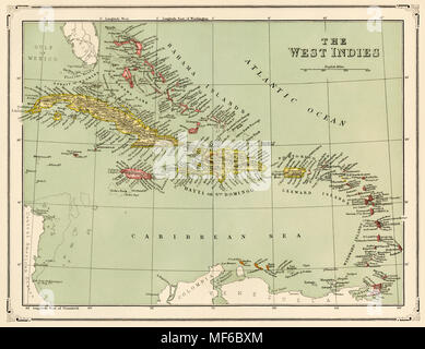 Carte des îles des Caraïbes a appelé les Antilles, 1870. Lithographie couleur imprimée Banque D'Images