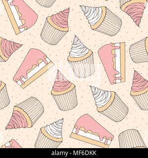 Hand drawn vector seamless pattern avec pâtisserie et morceaux de gâteau cupcakes recouverts d'une garniture aux fraises rose. Ornement sur la notation en arrière-plan. Illustration de Vecteur