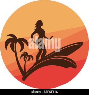 Silhouette de jeune femme surf avec soleil colorés sur fond de Illustration de Vecteur