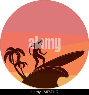 Silhouette de jeune femme surf avec soleil colorés sur fond de Illustration de Vecteur