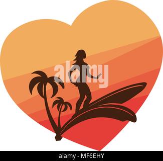 Silhouette de jeune femme surf avec soleil colorés sur fond de Illustration de Vecteur