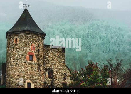 Édifice médiéval et misty la forêt enneigée à Saint-Lary, Pyrénées, France Banque D'Images