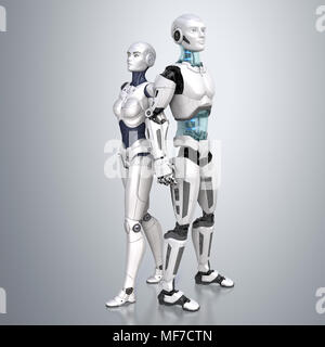 Les hommes et les robots posant sur un fond gris clair. 3D illustration Banque D'Images