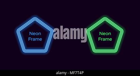 Neon frame du Pentagone en bleu et vert. Modèle vectoriel de neon frame composé de trois lignes, avec un rétro-éclairage de l'arrière-plan noir Illustration de Vecteur