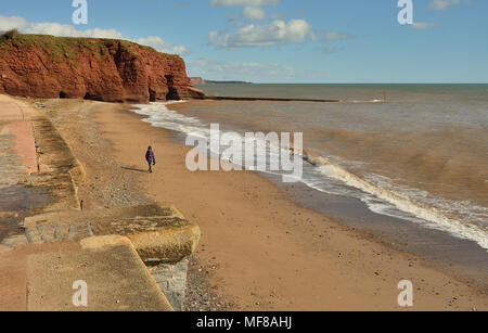 Un promeneur solitaire sur une plage déserte à Langstone Rock. Banque D'Images