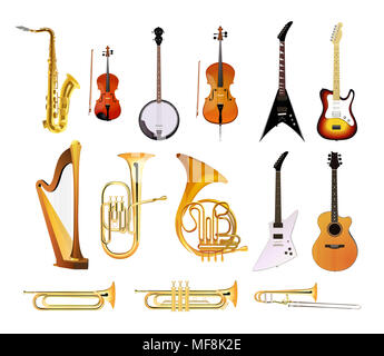 Instruments de musique orchestre isolé sur fond blanc, Illustrations vectorielles de blues, rock et jazz instruments Banque D'Images