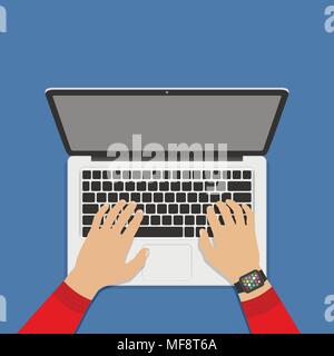 Mains sur clavier d'ordinateur portable avec écran blanc moniteur. Vector illustration style plat. Illustration de Vecteur