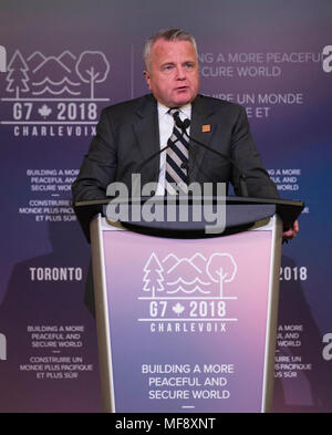 Toronto, Canada. Apr 23, 2018. Le secrétaire d'État américain John J. Sullivan prend la parole lors de la conférence de presse après le sommet du G7 des ministres des affaires étrangères tenue à Toronto, Canada, le 23 avril 2018. Credit : Zou Zheng/Xinhua/Alamy Live News Banque D'Images
