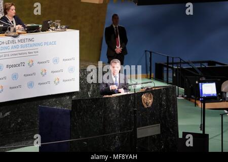 Organisation des Nations Unies, New York, USA, 24 avril 2018 - Juan Manuel Santos Calderón, président de la Colombie au cours de la consolidation et le maintien de la paix réunions aujourd'hui au siège des Nations Unies à New York. Photo : Luiz Rampelotto/EuropaNewswire dans le monde d'utilisation | Banque D'Images