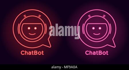 Neon Chat Bot en couleur rouge et rose. Vector illustration de Chatbot virtuel avec bulle composé de néon donne un aperçu, avec rétro-éclairage sur le noir Illustration de Vecteur