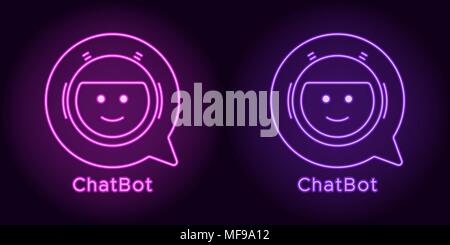 Neon Chat Bot de pourpre et de couleur violette. Vector illustration de Chatbot virtuel avec bulle composé de néon donne un aperçu, avec rétroéclairage Illustration de Vecteur