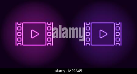 Neon film de cinéma de pourpre et de couleur violette. Vector illustration de film de cinéma avec l'icône Lecture composé de néon donne un aperçu, avec rétro-éclairage sur le noir Illustration de Vecteur