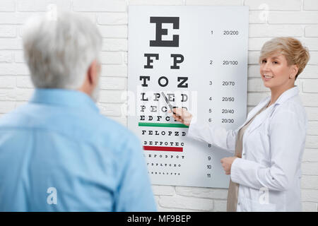 , Expirienced qualifiés de vieux médecin contrôle de la vision du patient, travaillant en laboratoire opthalmological. aider à sauver et à améliorer la santé des yeux et la vision. Vêtu de blanc uniforme. Banque D'Images