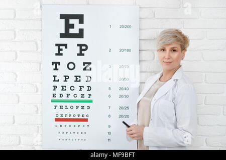 Ophtalmologiste qualifié restant en face de la table d'inspection visuelle, la pendaison sur mur blanc en laboratoire médical. Médecin Expirienced peple aidant à améliorer leur santé oculaire et la vision. Banque D'Images