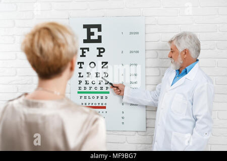 Photo de l'ancien ophtalmologiste cheking la vision du patient. Un médecin travaillant en laboratoire médical près de la table de vision cheking. Vêtu de blanc uniforme médical. À expirienced et qualifiés. Banque D'Images