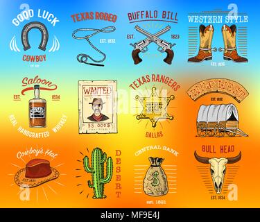 Jeu de Cowboy badges. Wild West, rodéo ou d'indiens avec lasso. hat et fusil, sheriff star, démarrer avec horseshoe. gravés à la main dans de vieux croquis ou et vintage style. et étiquettes pour l'impression. logo ou l'emblème Illustration de Vecteur