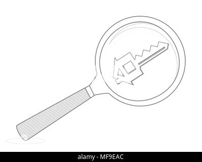 Chambre et clé avec loupe, House la chasse. illustration design graphique Banque D'Images