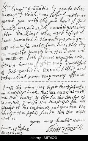 Fac-similé d'une partie de la lettre écrite par Oliver Cromwell à William Lenthall, Président de la Chambre des communes, l'annonce de la victoire à la bataille de Naseby en 1645. À partir de la vieille Angleterre : A Pictorial Museum, publié 1847. Banque D'Images