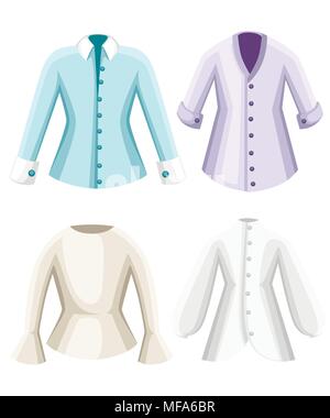 Ensemble de blouses. Vêtements pour dame. Les blouses à manches longues formelle des femmes. Télévision style design. Vector illustration isolé sur fond blanc. Site Web pa Illustration de Vecteur