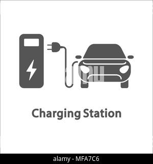 Voiture électrique et de charge. La station de recharge de véhicules électriques, recharge électrique simple, point d'illustration vectorielle, l'icône. Illustration de Vecteur