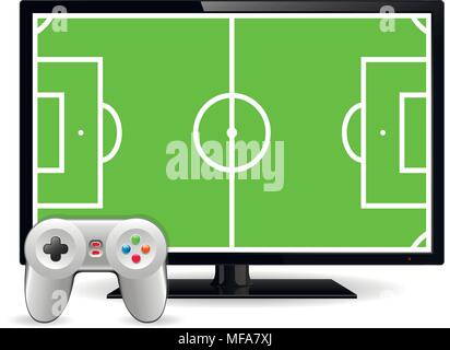 Joystick et plat avec terrain de football à l'écran. Concept de jeu vidéo. Vector illustration Illustration de Vecteur