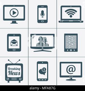 Les appareils numériques des icônes avec le contact et la communication de signes sur l'écran. Vector illustration. Illustration de Vecteur