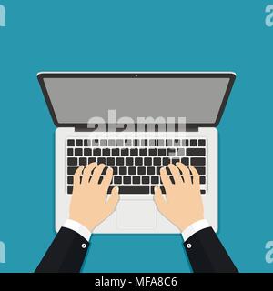 Businessman main sur clavier d'ordinateur portable avec écran blanc moniteur. Vector illustration style plat. Illustration de Vecteur