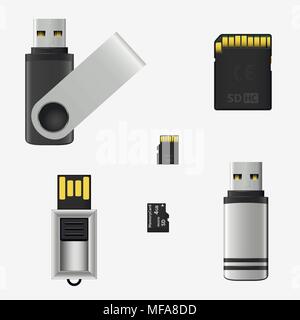 Vector les lecteurs flash USB et cartes mémoire isolé Illustration de Vecteur