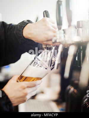 Homme barman poors verre de bière. Banque D'Images
