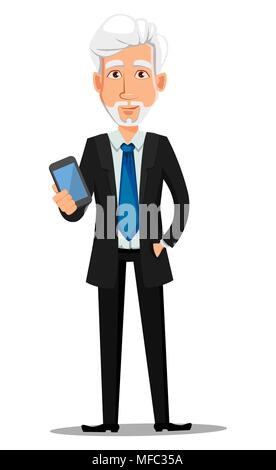 Man vêtements de style avec les cheveux gris. Personnage de Businessman holding smartphone. Vector illustration sur fond blanc Illustration de Vecteur