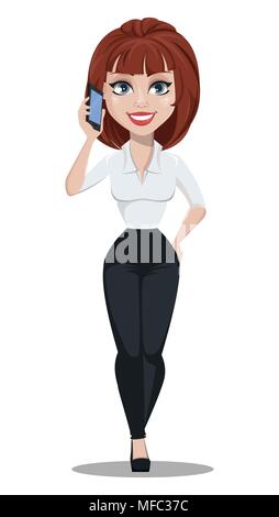 Business Woman in office vêtements de style avec les cheveux bruns. Businesswoman personnage parler via smartphone. Vector illustration sur blanc backgroun Illustration de Vecteur