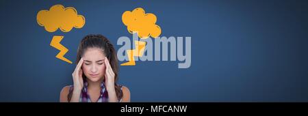 Femme de tête a souligné avec lightning doodles sur fond bleu Banque D'Images