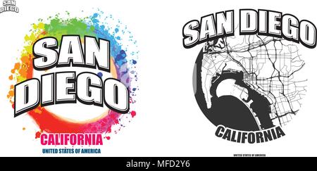 San Diego, Californie, logo design. Deux en un avec le logo vector art. grandes lettres vintage avec une belle couleur de fond et une couleur-version avec la carte Illustration de Vecteur