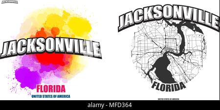 Jacksonville, Floride, logo design. Deux en un avec le logo vector art. grandes lettres vintage avec une belle couleur de fond et une couleur-version avec la carte Illustration de Vecteur