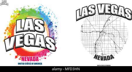 Las Vegas, Nevada, logo design. Deux en un avec le logo vector art. grandes lettres vintage avec une belle couleur de fond et une couleur-version avec carte pour Illustration de Vecteur