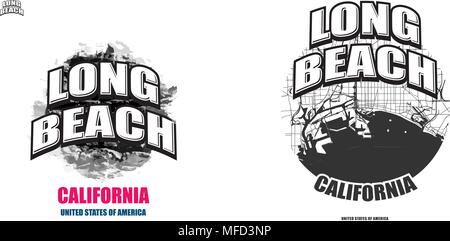 Long Beach, Californie, logo design. Deux en un avec le logo vector art. grandes lettres vintage avec une belle couleur de fond et une couleur-version avec la carte Illustration de Vecteur