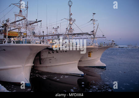 Navires de pêche japonais amarré dans le port à Détroit de Nemuro, Rausu, Hokkaido, Japon. Banque D'Images