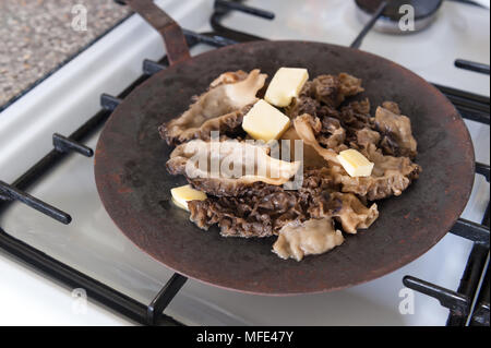 La cuisine d'être frugal morilles poêlées au beurre de conserver la saveur, coupé en deux et lavées avant chauffage acier solide sur plus de tawa tava flamme de gaz. Banque D'Images