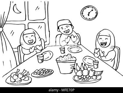 Bonne fête de la famille musulmane Ramadan Kareem Iftar. Livre de coloriage. Banque D'Images