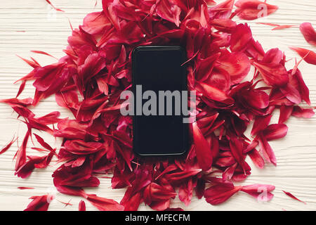 Joli bouquet de pétales de pivoines rouge et téléphone avec écran vide sur fond de bois blanc rustique, vue du dessus, de l'espace pour cartes florales. Texte maquette, Banque D'Images