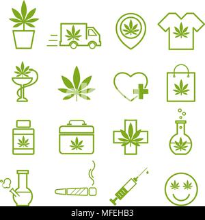 Marijuana, Cannabis d'icônes. Ensemble d'icônes de la marijuana médicale. Feuilles de marijuana. La consommation de drogues, la consommation de marijuana. La légalisation de la marijuana. Il vecteur isolé Illustration de Vecteur