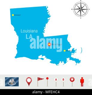 La Louisiane Carte vectorielle isolé sur fond blanc. Silhouette très détaillés de Louisiana State. Drapeau vecteur de la Louisiane. Les marqueurs de carte 3D ou les pointeurs, Illustration de Vecteur