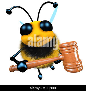 3D render of a funny cartoon abeille personnage tenant un marteau du commissaire-priseur Banque D'Images