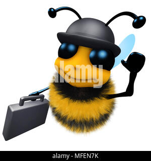 3D render of a funny cartoon abeille portant un chapeau melon et une mallette de transport Banque D'Images