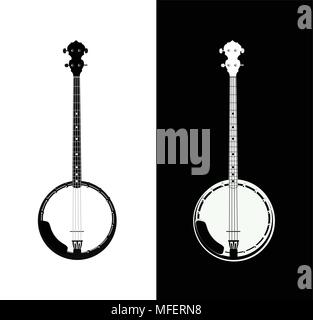 Silhouette de Banjo - instruments de musique folklorique en noir et blanc, Niveaux de gris Vector illustration isolé sur fond noir et blanc Illustration de Vecteur